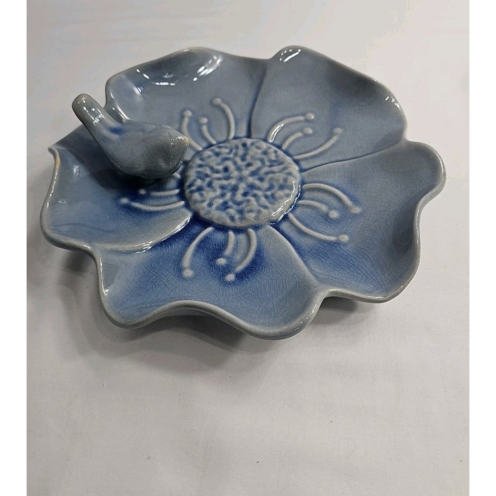 Vintage Periwinkle Art Pottery Bird Water Dish Bowl 9.5" Bird  3D W/Wavy Flower